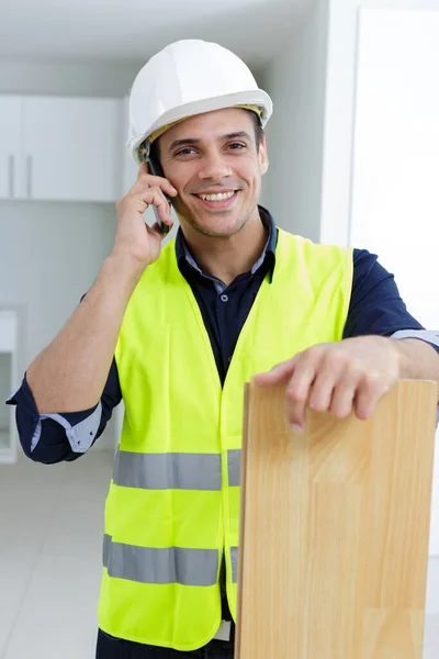 Portrait Contractor Leaning Wooden Board Property — Fotografia de Stock