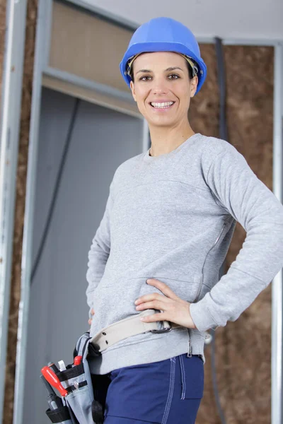 Happy Woman Builder Smiling Camera — Stock Photo, Image