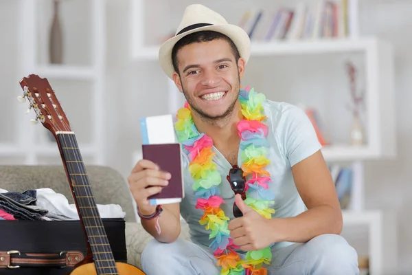 Portrait Happy Man Dressed Shirt Holding Passport — Stock Photo, Image