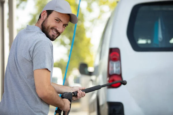 Man Washes His Van Pressure Washer — Stock Photo, Image