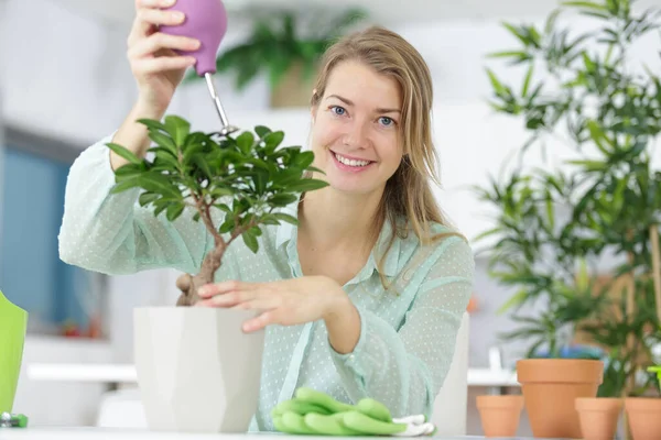 Mulher Feliz Asperge Água Árvore Bonsai — Fotografia de Stock