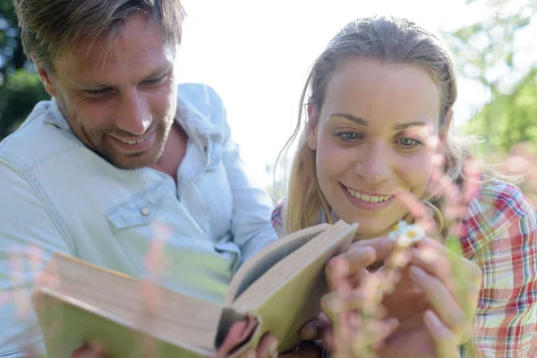 Amis Dans Parc Livre Lecture — Photo