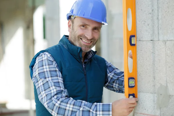 Happy Building Engineer Working Leveling Instrument — Stock Photo, Image
