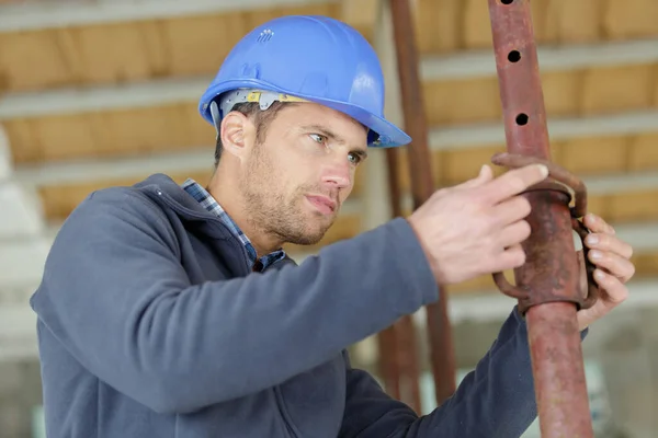 Builder Working Pipe Construction Site — Stock Photo, Image