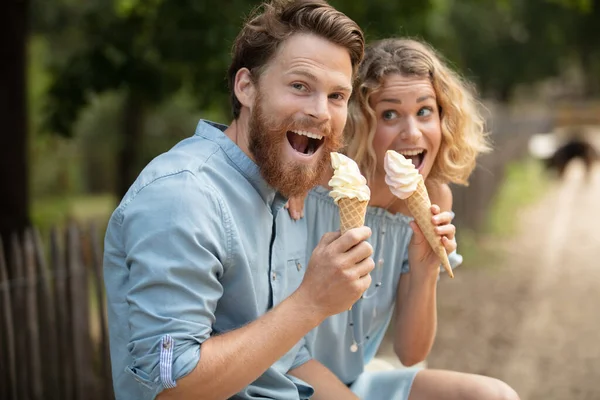 Casal Jovial Desfrutando Gelados Parque — Fotografia de Stock