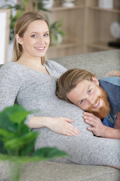 Man Listens Belly His Wife — Stock Photo, Image