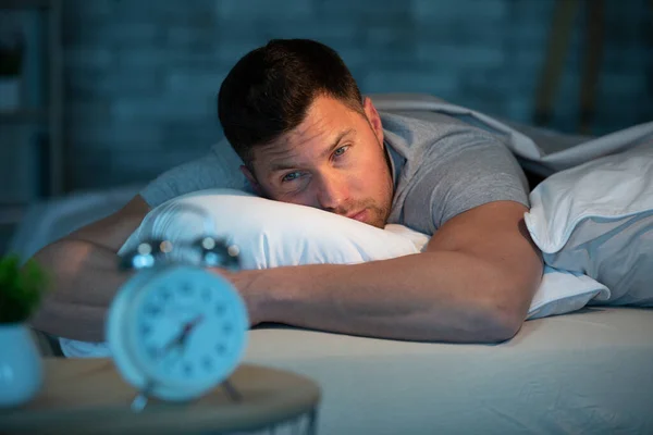 Depressed Man Lying His Bed Feeling Bad — Stock Photo, Image