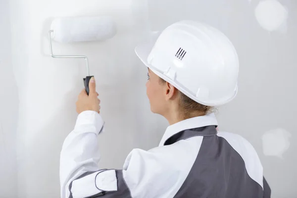 Happy Woman Painting Wall Paint Roller — Stock Photo, Image