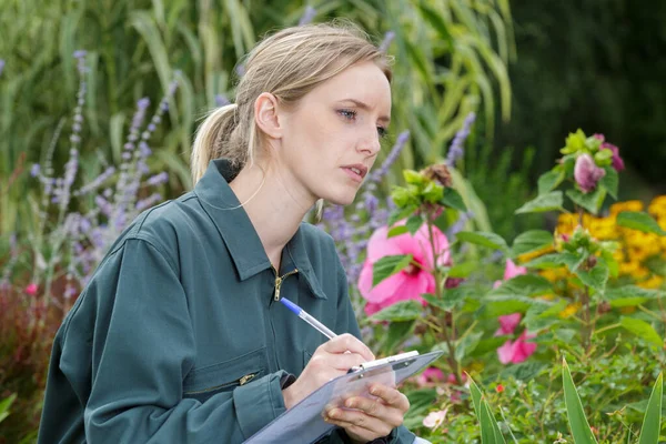 Mujer Jardinero Toma Notas Portapapeles —  Fotos de Stock