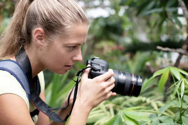 Kvinna Fotografera Grön Växt Utomhus — Stockfoto