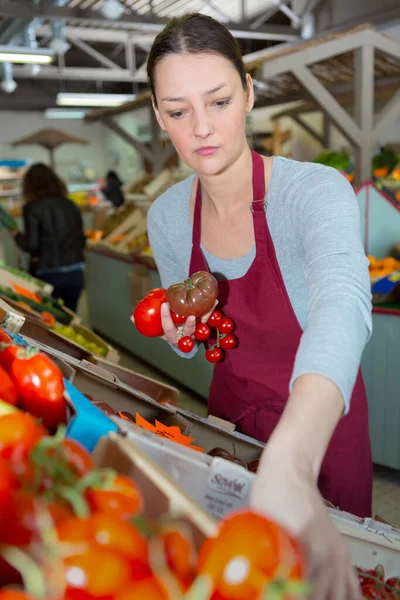 Jovem Vendedor Mostrando Tomates Maduros Frescos Loja Alimentos — Fotografia de Stock