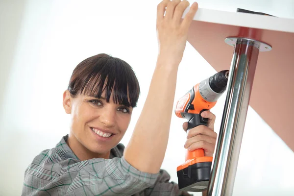 Young Smiling Woman Electric Screwdriver — Stock Photo, Image