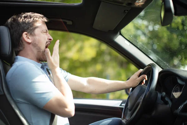 Sleepy Tired Fatigued Yawning Exhausted Young Man Driving —  Fotos de Stock