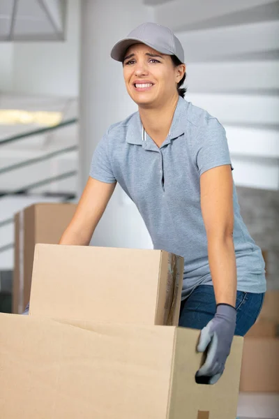 Woman Struggling Move Cartons Boxes — Stock Photo, Image
