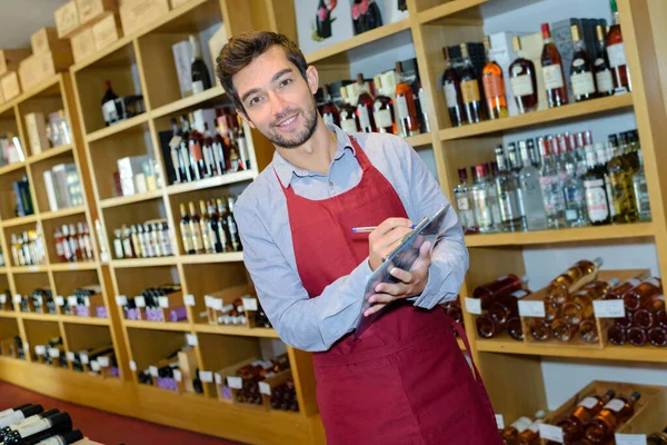 Retrato Comerciante Vinho Masculino Com Área Transferência — Fotografia de Stock