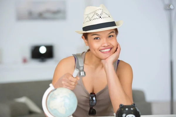 Happy Smiling Young Woman Holding World Globe — Stock Photo, Image
