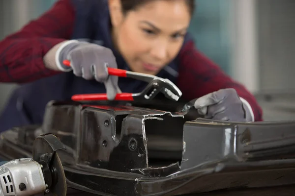 Car Electric Repairwoman Holding Using Wrench —  Fotos de Stock