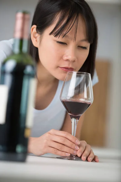 Woman Close Eyes Smelling Wine — Stock Photo, Image