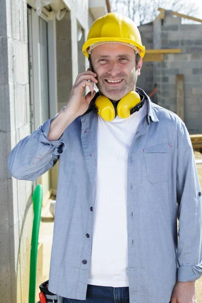 Happy Male Architect Talking Mobile Phone Outdoors — Stock Photo, Image