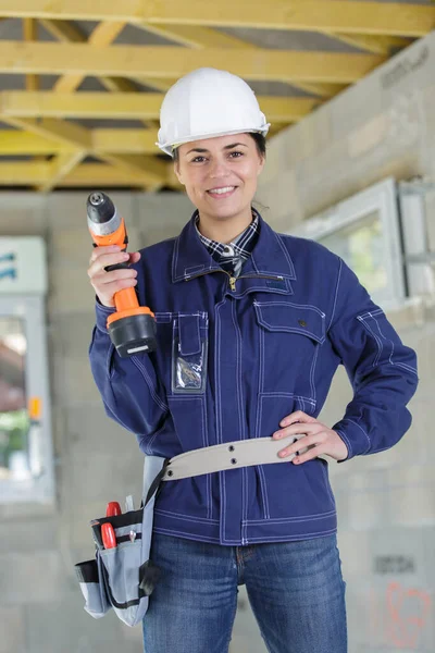 Portrait Female Builder Holding Cordless Drill — Stock Photo, Image