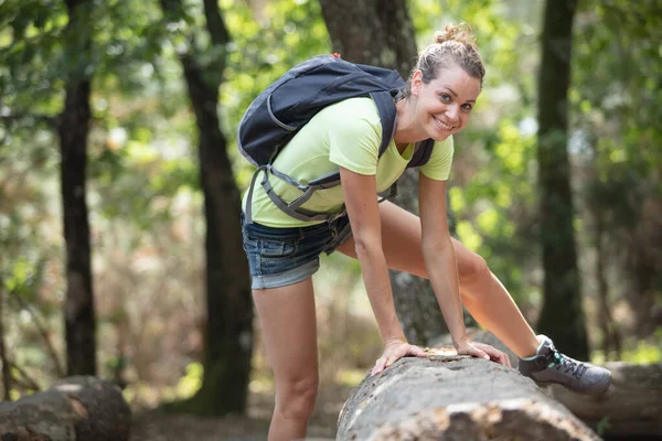 Mujer Saltar Disfrutar Vida Montaña —  Fotos de Stock