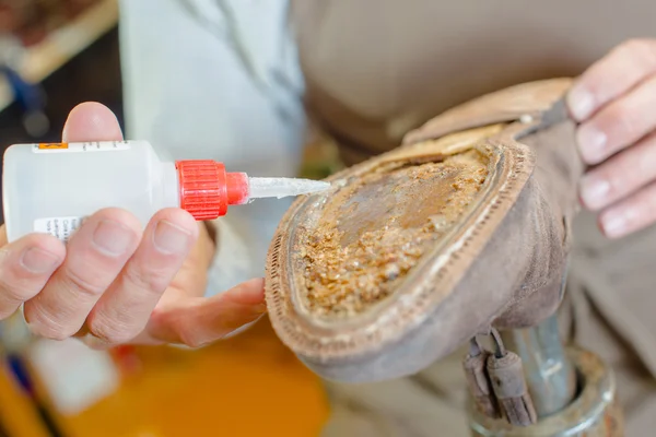 Skilled cobbler fixing a shoe — Stock Photo, Image