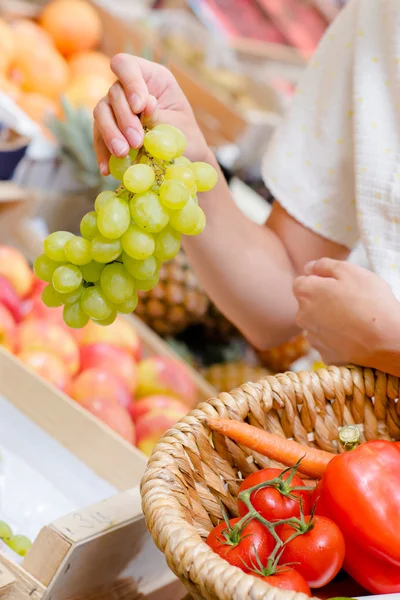 Mulher escolhendo um monte de uvas — Fotografia de Stock