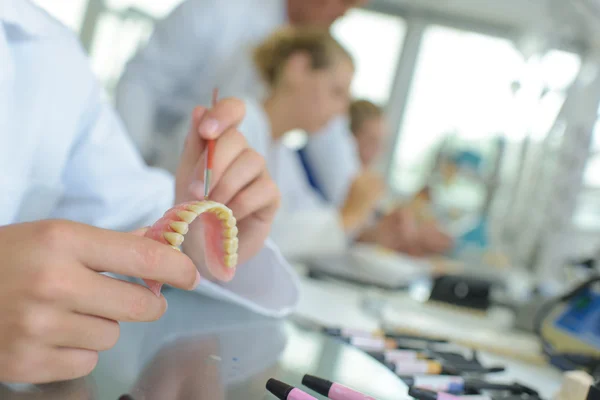 Pessoa pintando dentes falsos — Fotografia de Stock