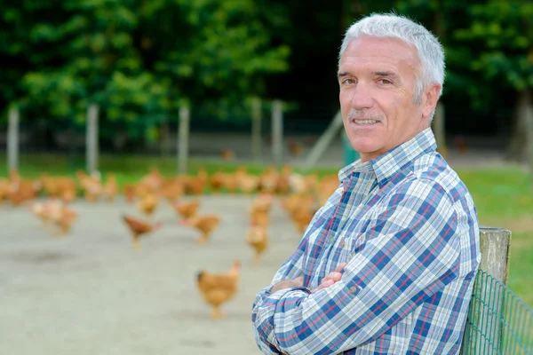 Man stood outdoors with chickens — Stock Photo, Image