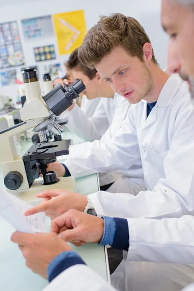 Estudiantes en laboratorio usando microscopios, leyendo papeleo — Foto de Stock