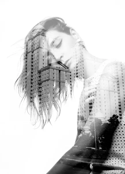 Double exposure of beautiful girl and modern buildings — Stock Photo, Image