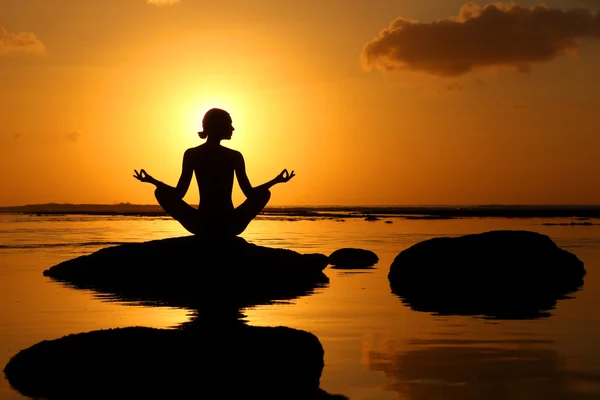 Silhouette of woman practicing yoga during sunset at the seaside Royalty Free Stock Photos