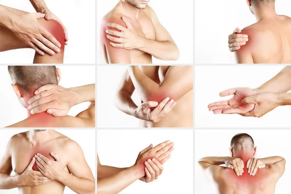 Genç adam ağrı, farklı vücut parçaları ile temsil eden kolaj