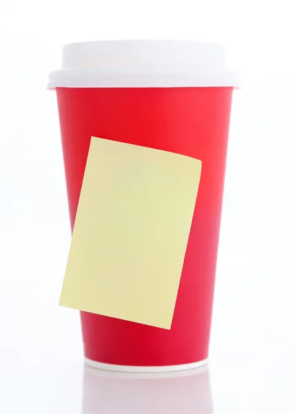 Kahve. Kağıt kahve fincanı boş sarı sopa not ile — Stok fotoğraf