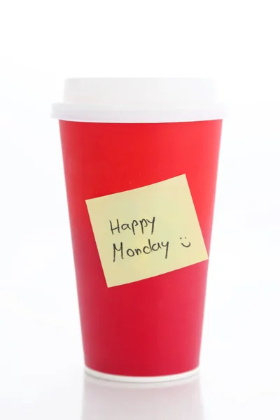 Kahve. Kağıt kahve fincanı mutlu Pazartesi notu ile — Stok fotoğraf
