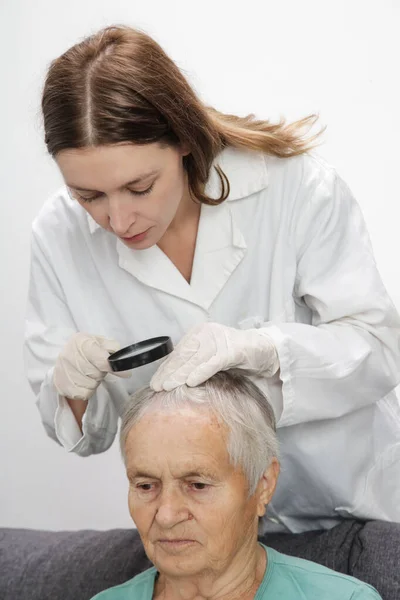 Doktor Yaşlı Kadının Kafa Derisini Kafa Derisini Egzama Dermatit Sedef — Stok fotoğraf