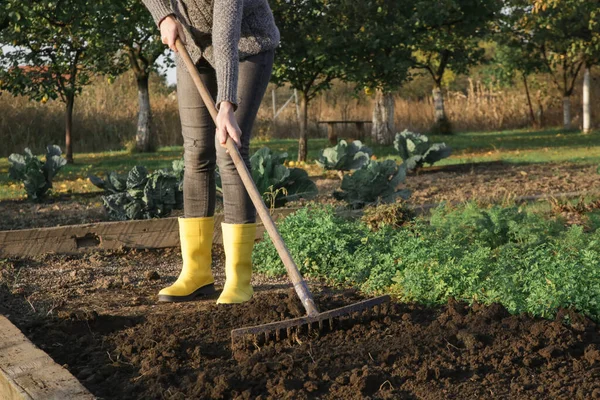 Γυναίκα Κίτρινο Μπότες Καουτσούκ Που Εργάζονται Στον Κήπο Τσουγκράνα Ισοστάθμιση — Φωτογραφία Αρχείου