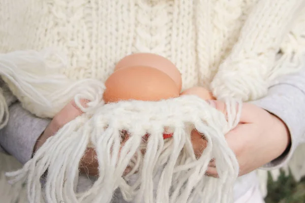 Toddler Girl Wool Sweater Holding Fresh Organic Eggs Farm — Stock Photo, Image