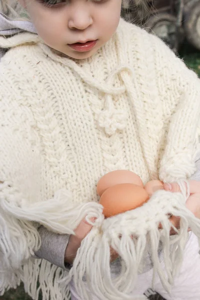 Menina Criança Camisola Segurando Ovos Orgânicos Frescos Fazenda — Fotografia de Stock