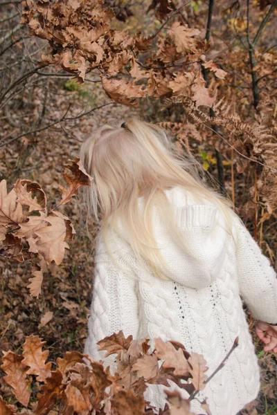 Outdoor Portrait Years Old Adorable Blonde Girl Autumn Forest — Stock Photo, Image