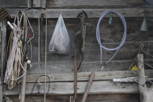 Exterior Old Wooden Cottage Working Tools Hanging Wall — Stock Photo, Image