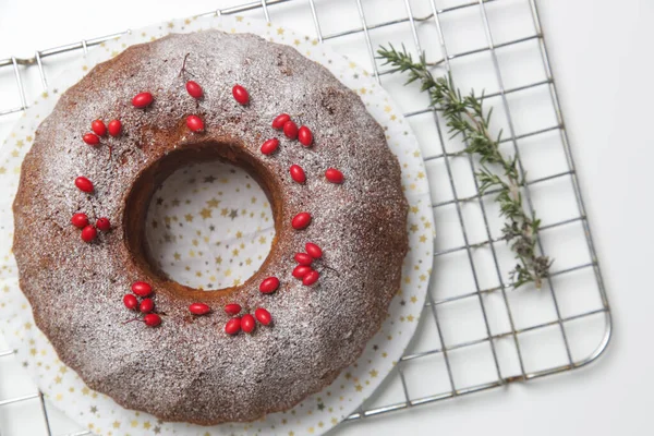 Festive Bundt Cake Decorated Red Berries Fir Branches White Background — Stock Photo, Image