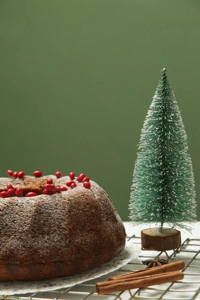 Bundt Kuchen Mit Roten Beeren Mit Kleinem Weihnachtsbaum Dekoriert Schlichte — Stockfoto