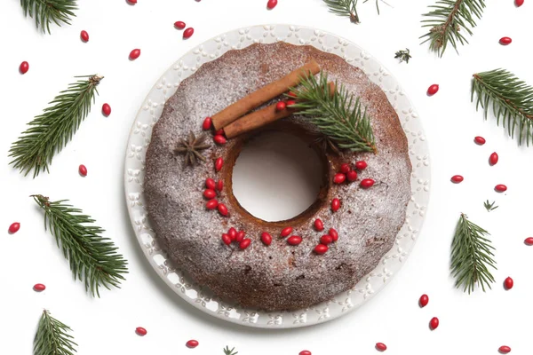 Festive Bundt Cake Decorated Red Berries Fir Branches White Background — Stock Photo, Image