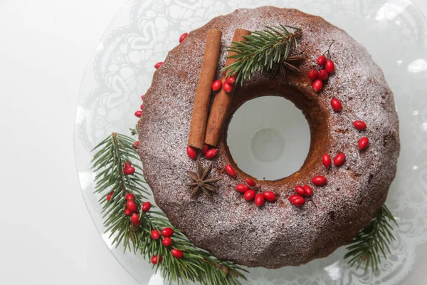 Festive Bundt Cake Decorated Red Berries Fir Branches White Background — Stock Photo, Image