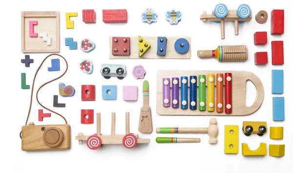 Jouets Écologiques Durables Bois Coloré Pour Enfants Plat Posé Sur — Photo