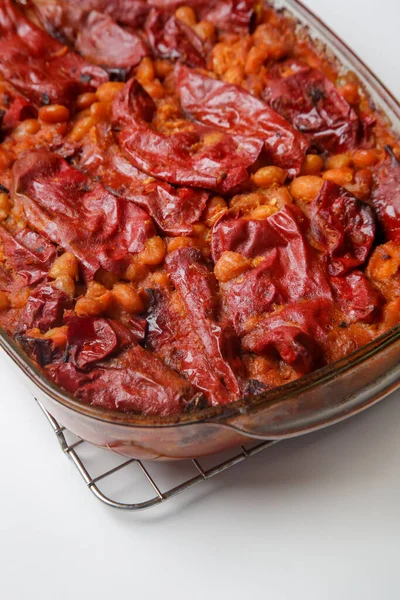 Homemade Stuffed Roasted Red Peppers Beans Tavche Gravche Traditional Macedonian — Stock Photo, Image