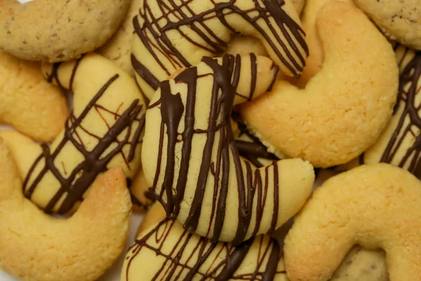 Small Walnut Almond Chocolate Crescent Cookies — Stock Photo, Image