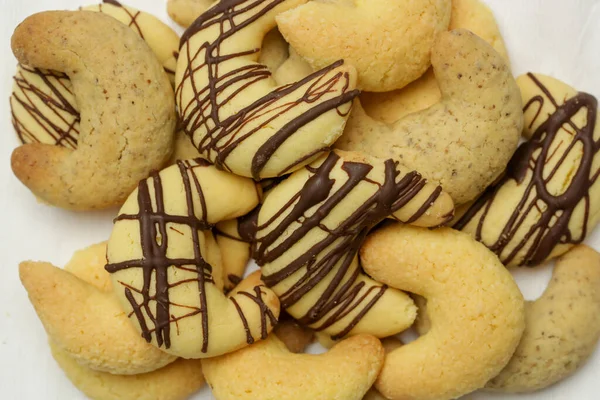 Small Walnut Almond Chocolate Crescent Cookies — Stock Photo, Image