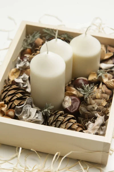 Simple Small Home Decoration Candles Wooden Box — Stock Photo, Image